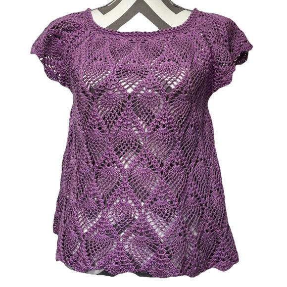 Handmade Crochet Pineapple Stitch Sweater Women Lavender Retro Open Knit Small - Picture 1 of 7